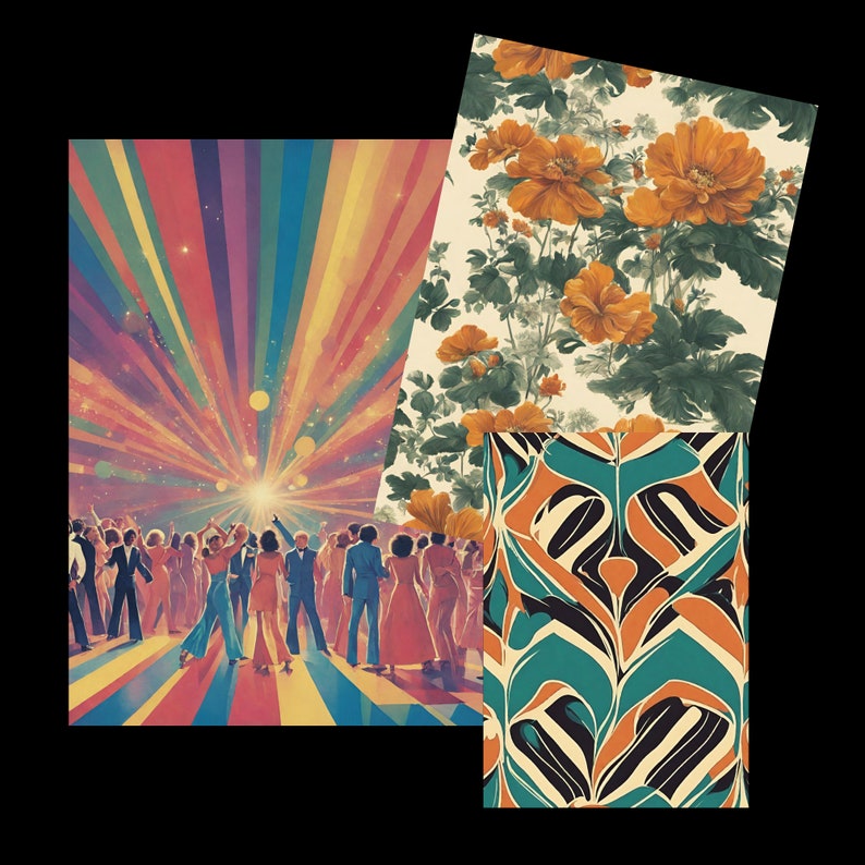 May include: An illustration of a disco scene with a rainbow-colored light display and people dancing. Additional patterns include orange floral and abstract geometric designs, evoking a retro aesthetic.