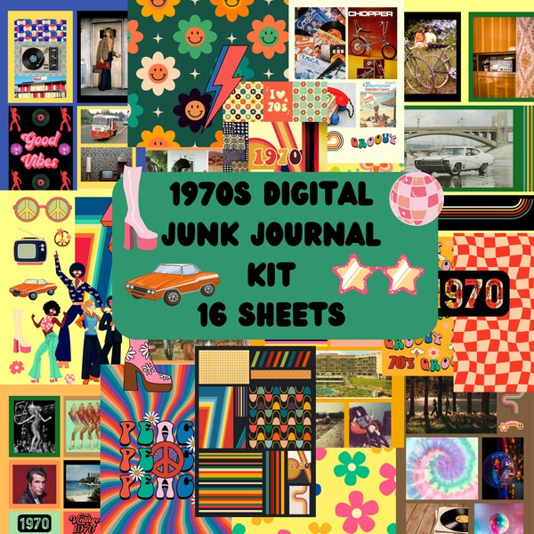 1970s Junk Journal Kit, Retro 1970s Prints, Scrapbooking, Collage, PNG, Groovy, DIY Ephemera, Digital Download Prints