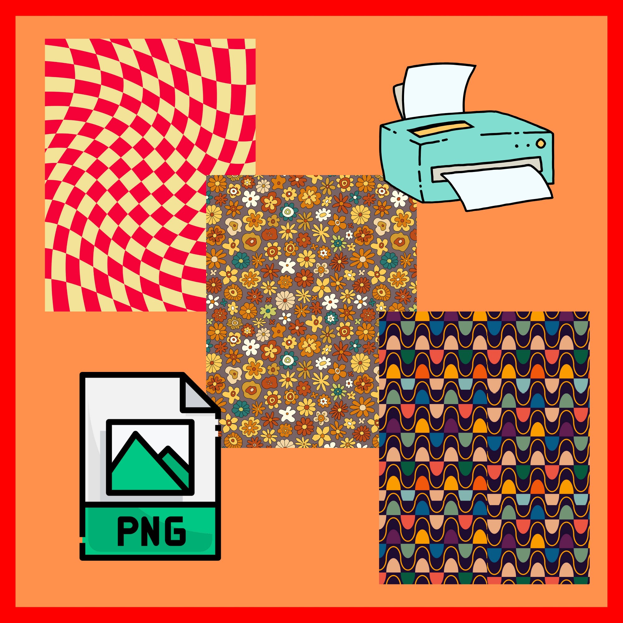 1970s Retro Groovy Paper Print, Digital Download, Patterns, Flowers