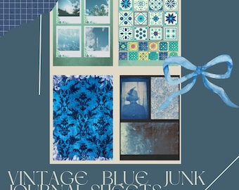 Vintage Blue Digital Junk Journal, Collage Sheets, DIY Ephemera