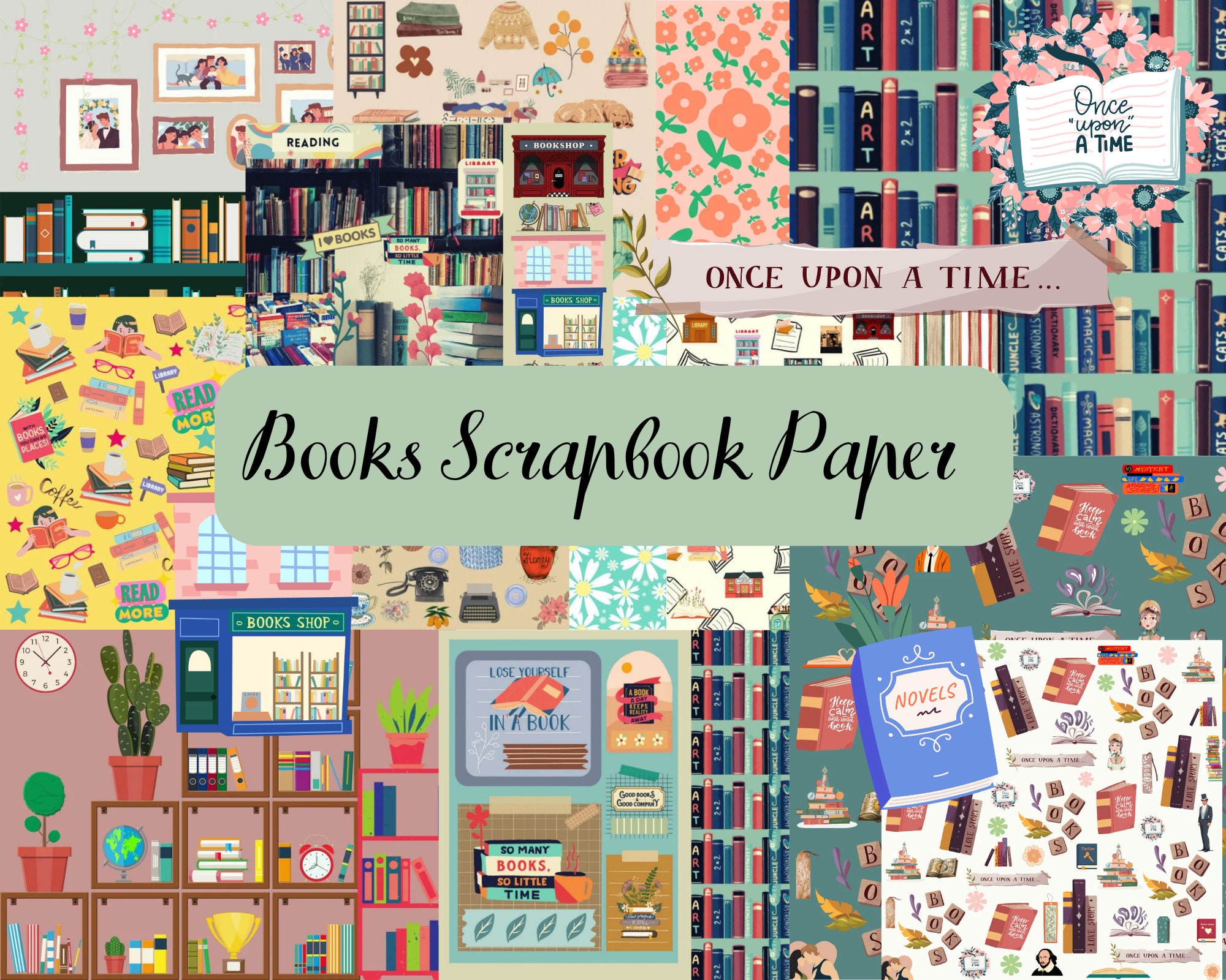 Books and Reading Prints, Digital Paper, Cozy, Collage, Junk Journal Kit,  Book Club, Scrapbooking, PNG 