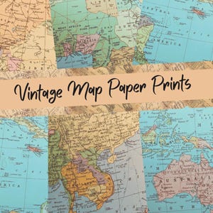 May include: A collage of vintage map paper prints. The maps feature a variety of colors, including beige, blue, and green. The text "Vintage Map Paper Prints" is displayed across the center of the image in a cursive font.