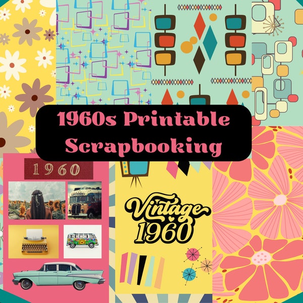1960s Printable Scrapbooking, Junk Journal Kit, DIY Craft, Card Making, 1960s Patterns, Journal Papers, 1960s PNG