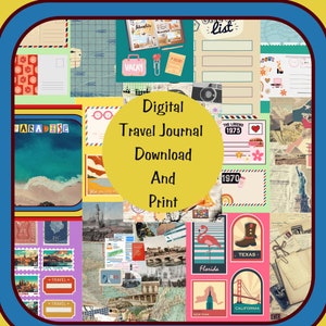 Printable Travel Junk Journal Kit, Digital Paper, Ephemera, Travel Prints