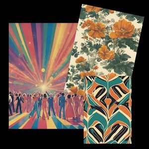 May include: An illustration featuring a retro disco scene with a rainbow-colored light burst and people dancing. Additional panels showcase floral and abstract patterns in orange, teal, and cream, evoking a vintage aesthetic.