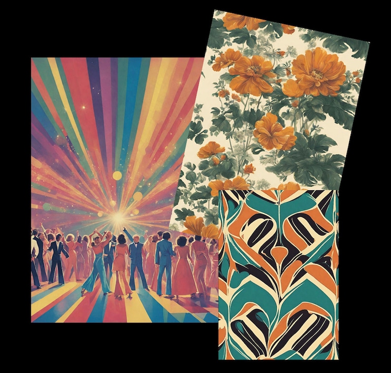 May include: An illustration featuring a retro disco scene with a rainbow-colored light burst and people dancing. Additional panels showcase floral and abstract patterns in orange, teal, and cream, evoking a vintage aesthetic.