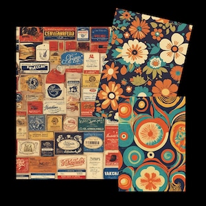 May include: A collage of vintage-style paper designs. One features a collection of old labels and packaging with text. The other two showcase floral and abstract patterns in orange, teal, and navy blue. The designs evoke a retro aesthetic.