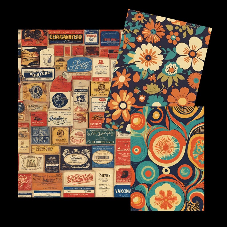 May include: A collage of vintage-style paper designs. One features a collection of old labels and packaging with text. The other two showcase floral and abstract patterns in orange, teal, and navy blue. The designs evoke a retro aesthetic.