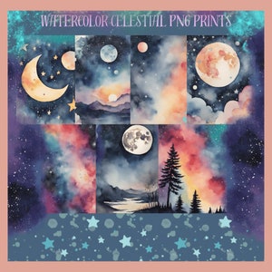 Watercolor Celestial PNG Prints, Galaxy Backgrounds, Night Sky, Digital Paper
