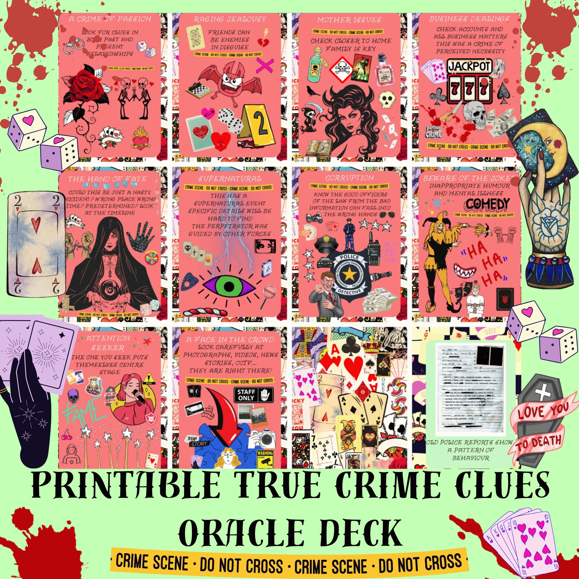 Printable True Crime Tarot Deck, Oracle Cards, Retro Gothic, Digital ...