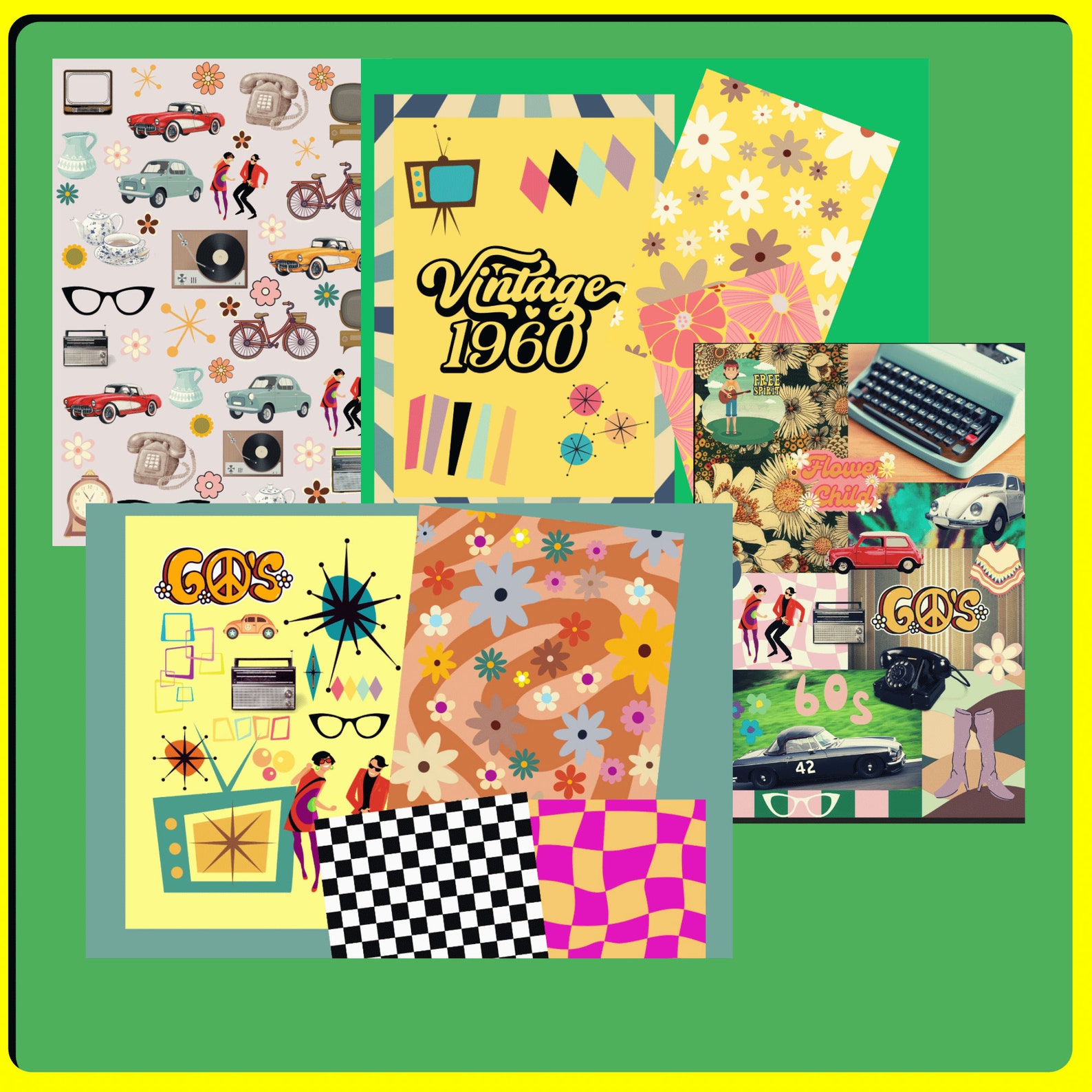 1960's Digital Craft Bundle, 1960s Backgrounds, Digital Paper, Junk ...