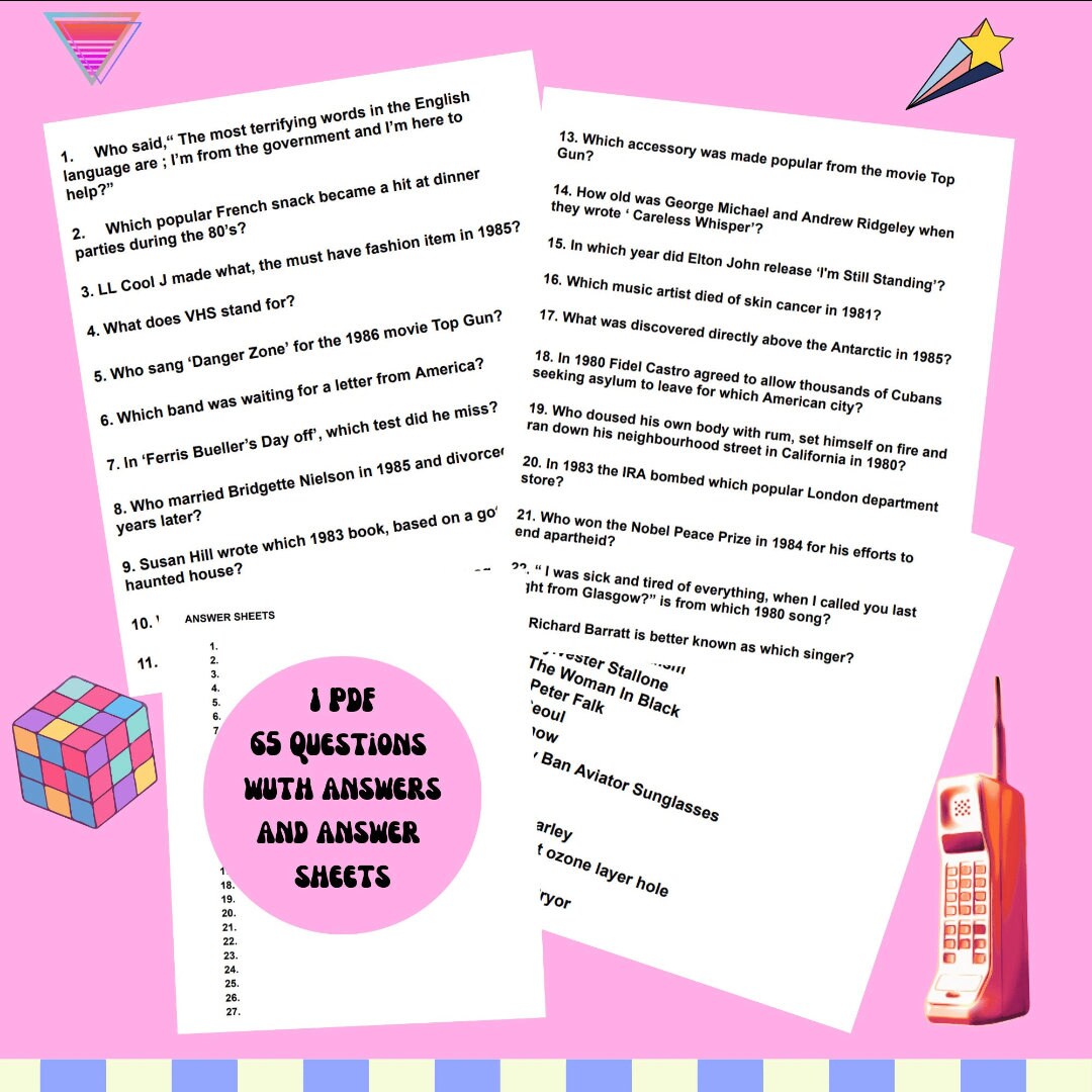 Printable 1980s Quiz, Digital Prints - Etsy