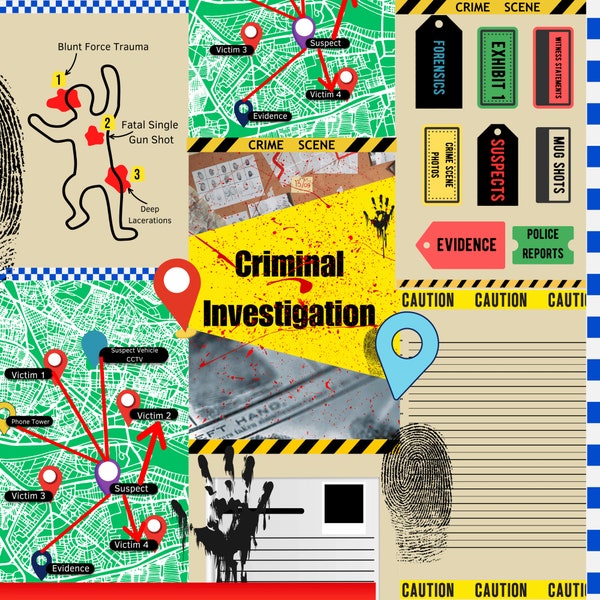 Criminal Investigation Prints, Crime Tags, Map, Suspect, Crime Journal Cover, Digital Paper, Forensics, Scrapbooking, Journal, Police Report