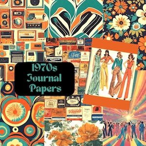 Könnte beinhalten: Eine Collage aus Journal-Papieren im Stil der 1970er Jahre mit Retro-Mustern, Vintage-Kamera-Illustrationen, Blumenprints und einem zentralen rechteckigen Etikett mit dem Text 1970s Journal Papers sowie einer Modeillustration von vier Personen.