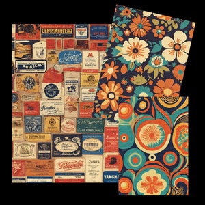 May include: A collage of vintage-style labels and patterned papers. The labels feature various designs and text, with colors including red, blue, and brown. Two additional papers display floral and abstract patterns in orange, teal, and cream against a navy background.