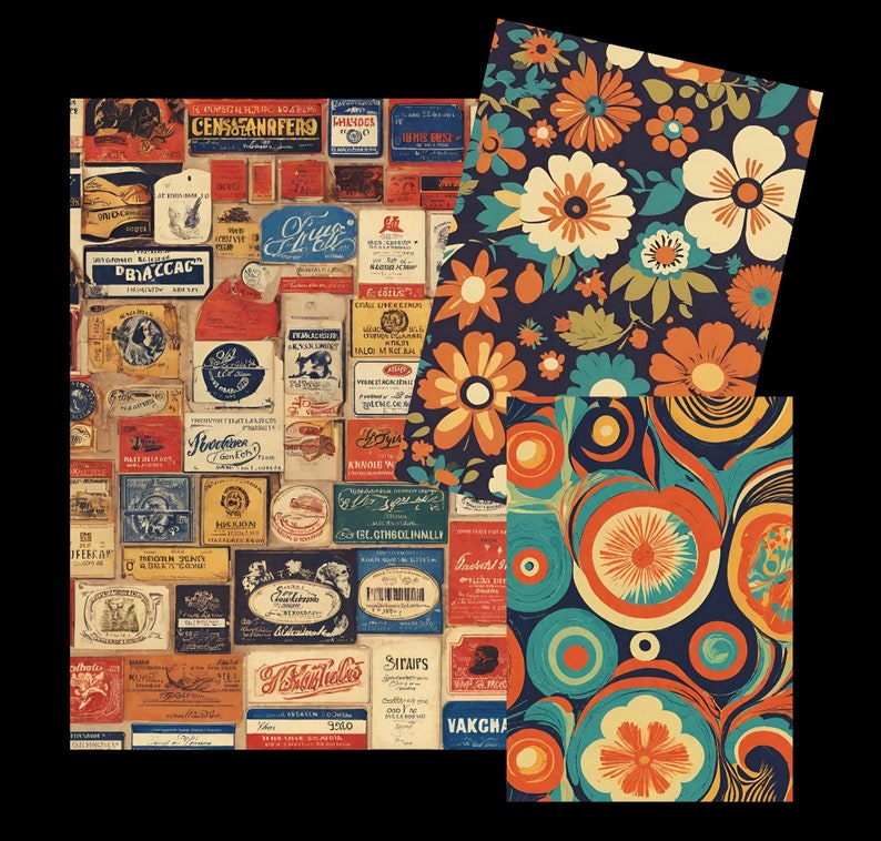 May include: A collage of vintage-style labels and patterned papers. The labels feature various designs and text, with colors including red, blue, and brown. Two additional papers display floral and abstract patterns in orange, teal, and cream against a navy background.