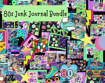 Peut inclure: Un collage numérique avec le texte 80s Junk Journal Bundle, des couleurs néon et des graphismes rétro incluant un cube Rubik, des cassettes, des patins à roulettes, un ghetto-blaster, des lunettes et des lèvres pop art. Composition vive.