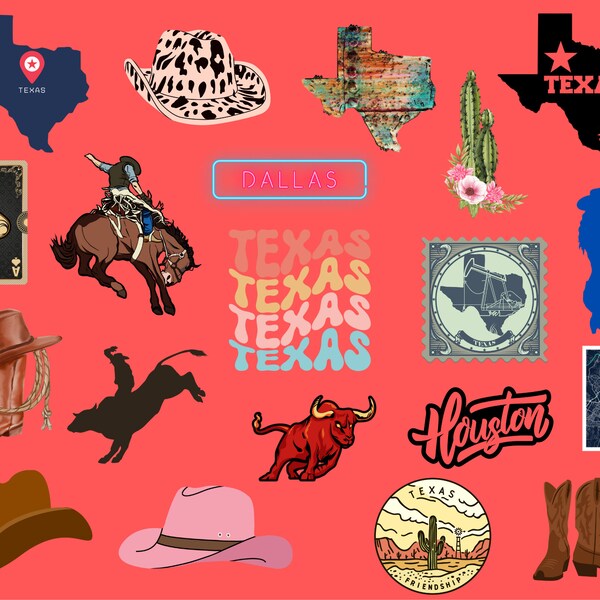 Texas Clip Art Set, Journal Art, Card Making, Wall Art, DIY Craft, DIY Stickers, Scrapbooking, PNG, Cowboy, Cactus, Dallas