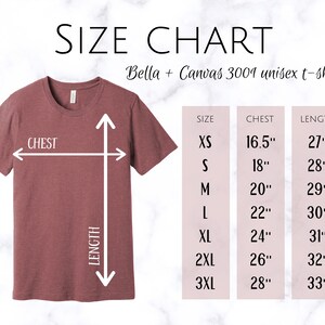May include: Size chart for Bella + Canvas 3001 unisex t-shirt. The chart shows chest and length measurements in inches for sizes XS to 3XL.