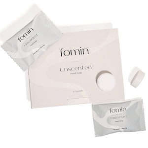 May include: A package of six unscented hand soap tablets from the brand "fomin". Each tablet is individually wrapped in a white pouch. The package is white with black text.
