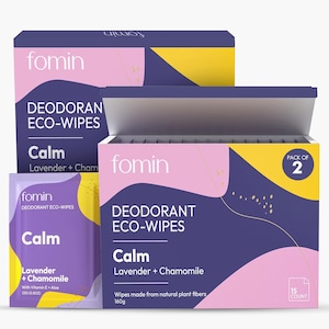 May include: A two-pack of lavender and chamomile scented deodorant wipes. Each pack contains 15 wipes and is made from natural plant fibers. The wipes are packaged in a purple, pink, and yellow box with the brand name "fomin" printed on it.