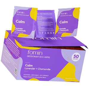 May include: A box of 50 lavender and chamomile scented deodorant eco-wipes. The box is purple and yellow with the text "fomin DEODORANT ECO-WIPES Calm Lavender + Chamomile SOOTHING - DISPOSABLE - ECO-FRIENDLY Wipes made from natural plant fibers fominsoap.com" printed on it.