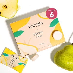 May include: A pack of 6 individual hand soap tablets in a yellow and pink box with a pear design. The box says "fomin Honey Pear" and "6 Tablets".