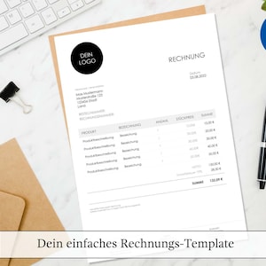 Könnte beinhalten: Eine schwarz-weiße Rechnungsvorlage mit dem Text "Dein einfaches Rechnungs-Template" am unteren Rand. Die Vorlage enthält einen Bereich für Produktdetails, Menge, Einzelpreis und Gesamtbetrag.