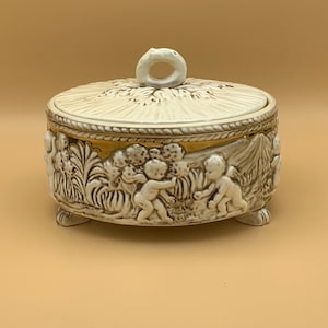 Round Ceramic VINTAGE Cherub Jewelry or Trinket Box