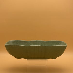 May include: A light green, rectangular ceramic planter with a wavy rim. The planter is elevated on a clear acrylic stand against a solid orange background. The planter's textured surface and unique shape make it a decorative item.