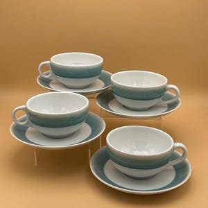 Set of Four VINTAGE Mayer China | Interpace Teal Fade Restaurant Ware Cups & Saucers