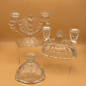 Set of Three VINTAGE Pressed Glass Candle Holders | Anchor Hocking | Indiana Glass | L.E. Smith Glass