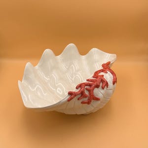 San Marco Italy VINTAGE Giant Clam Shell Bowl w/ Coral | 16” Ceramic Centerpiece | Italian Coastal Decor 1970s
