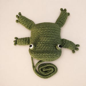 May include: A crochet bag shaped like a green frog with four limbs extending from the sides. The frog features two white eyes with black pupils positioned on the upper body. A long, coiled green strap is attached to the bottom of the bag.
