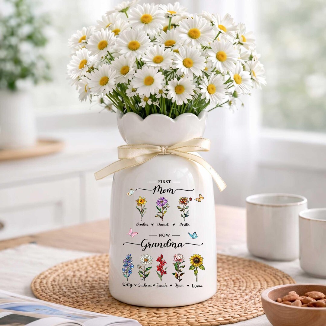 Personalized First Mom Now Grandma Gift, Custom Birth Month Flower Vase ...