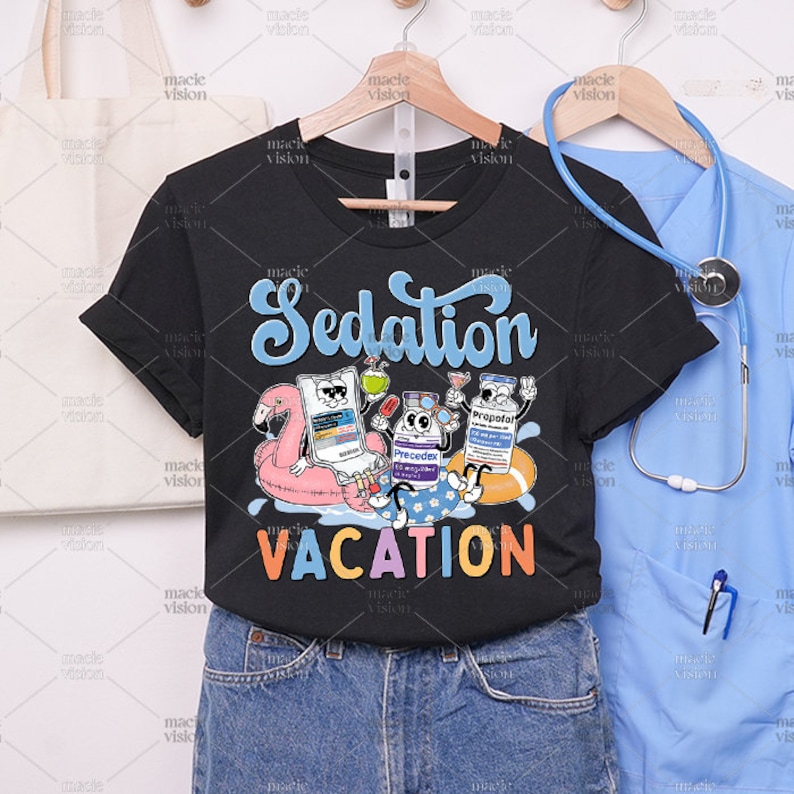A cheeky 'Sedation Vacation' design on a black t-shirt, featuring cartoon sedatives and a palm tree for medical professionals to enjoy.