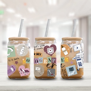 Sonographer Glass Cup, Ultrasound Tech Coffee Cup, Sono Tech Iced Coffee Tumbler, Healthcare Cup, 16oz Can Glass With Bamboo Lid and Straw