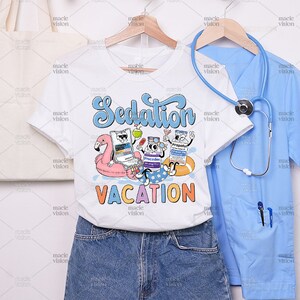 Personified 'Propofol' and Precedex bottles, a pill, and a palm tree, humorously gathered on a white shirt captioned 'Sedation Vacation