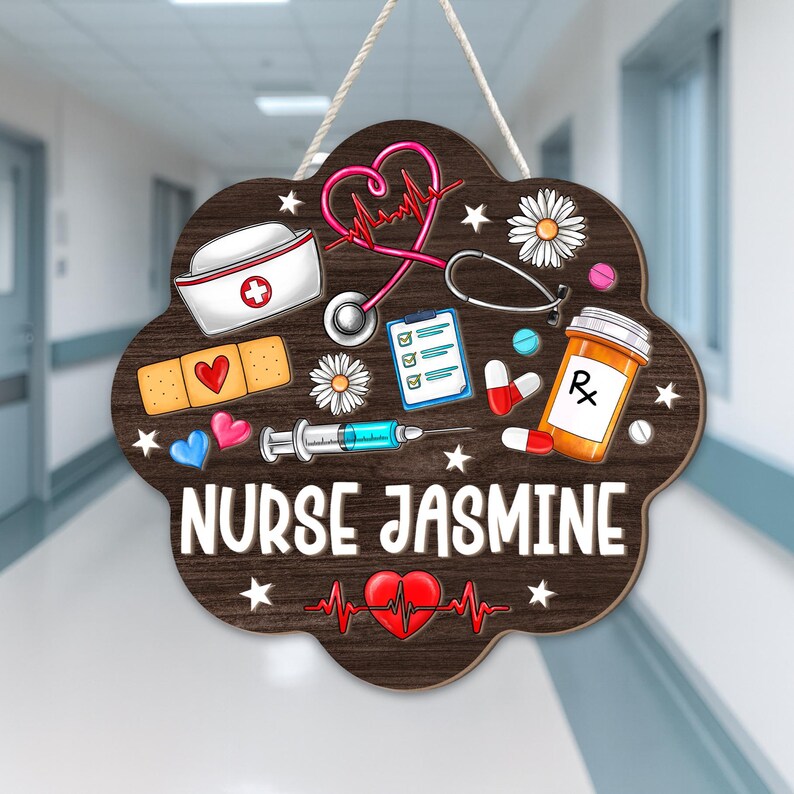 Personalized Nurse Door Sign, Custom Hanging Plaque With Medical Icons ...