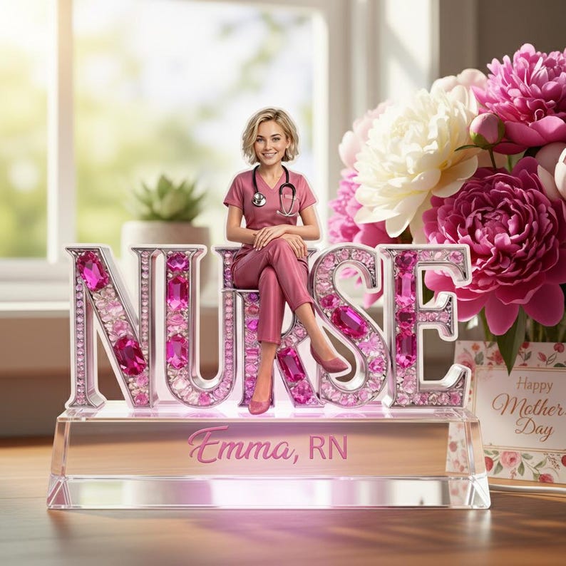 May include: A pink and silver Nurse figurine with the name "Emma, RN" on the base. The word "NURSE" is spelled out in large, jeweled letters. A woman in a pink nurse's uniform sits atop the letters. A bouquet of pink and white flowers is in the background.