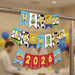 May include: A festive banner set with the words "HAPPY LAB WEEK 2026" in colorful, themed pennants. The design incorporates cartoon elements and a red banner with yellow numbers. The background includes balloons and a medical setting.