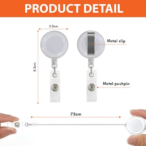 May include: Product detail image of two white retractable badge holders with metal clips and pushpins. The badge holders are 3.2 cm wide and 8.2 cm tall. The retractable cord extends to 75 cm.