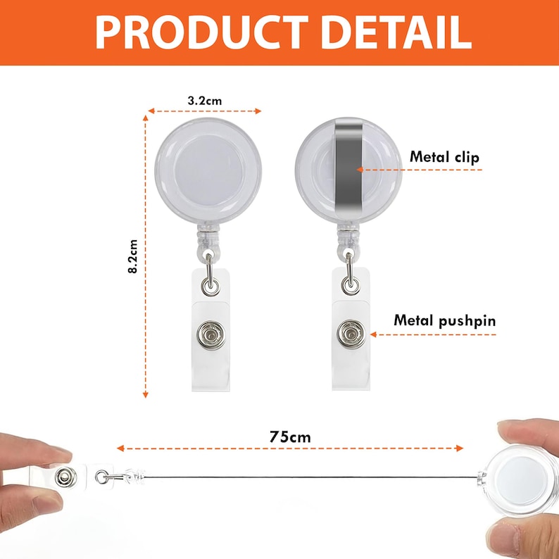 May include: Product detail image of two white retractable badge holders with metal clips and pushpins. The badge holders are 3.2 cm wide and 8.2 cm tall. The retractable cord extends to 75 cm.