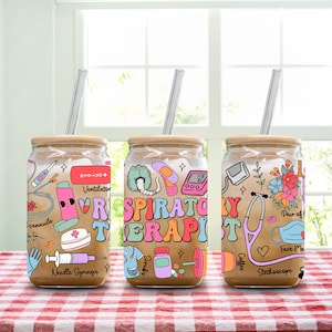 Respiratory Therapist Glass Cup, RT Nurse Coffee Cup, RT Iced Coffee Tumbler, Healthcare Cup, 16oz Can Glass With Bamboo Lid and Straw