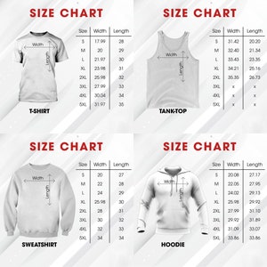Puede incluir: Tabla de tallas para camiseta, camiseta sin mangas, sudadera y sudadera con capucha blancas. La tabla muestra las medidas de talla, ancho y largo en cm para cada prenda, de la S a la 5XL. El texto "SIZE CHART" est&aacute; arriba.