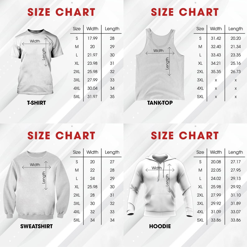 Puede incluir: Tabla de tallas para camiseta, camiseta sin mangas, sudadera y sudadera con capucha blancas. La tabla muestra las medidas de talla, ancho y largo en cm para cada prenda, de la S a la 5XL. El texto "SIZE CHART" est&aacute; arriba.