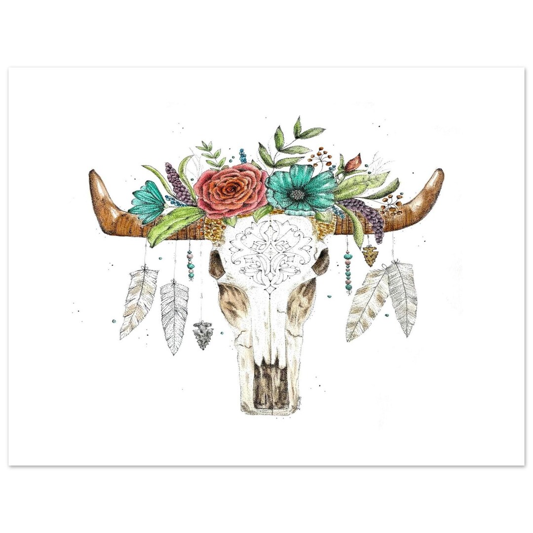 Cow Scull Watercolor Stippling Print Etsy