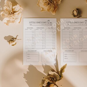 Op de afbeelding: Printbare babytracker-sheet met de titel "Little One's Day" en kolommen voor flesvoeding, luierveranderingen en dutjes. De sheet bevat ook secties voor totaal tijdens de shift en notities en herinneringen.