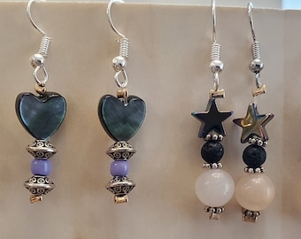 Fancy Heart and Star semi-precious stone, shell drop earrings