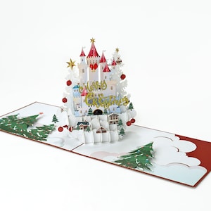 Carte pop-up du château de Noël, cartes 3D, carte de Noël, cartes de vœux, carte cadeau de joyeux anniversaire, carte faite à la main, artisanat en papier,